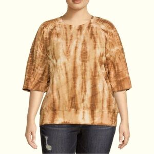 🌻Terra & Sky Tie Dye Copper cream ruched band 3/4 sleeve top Like New SZ:14W